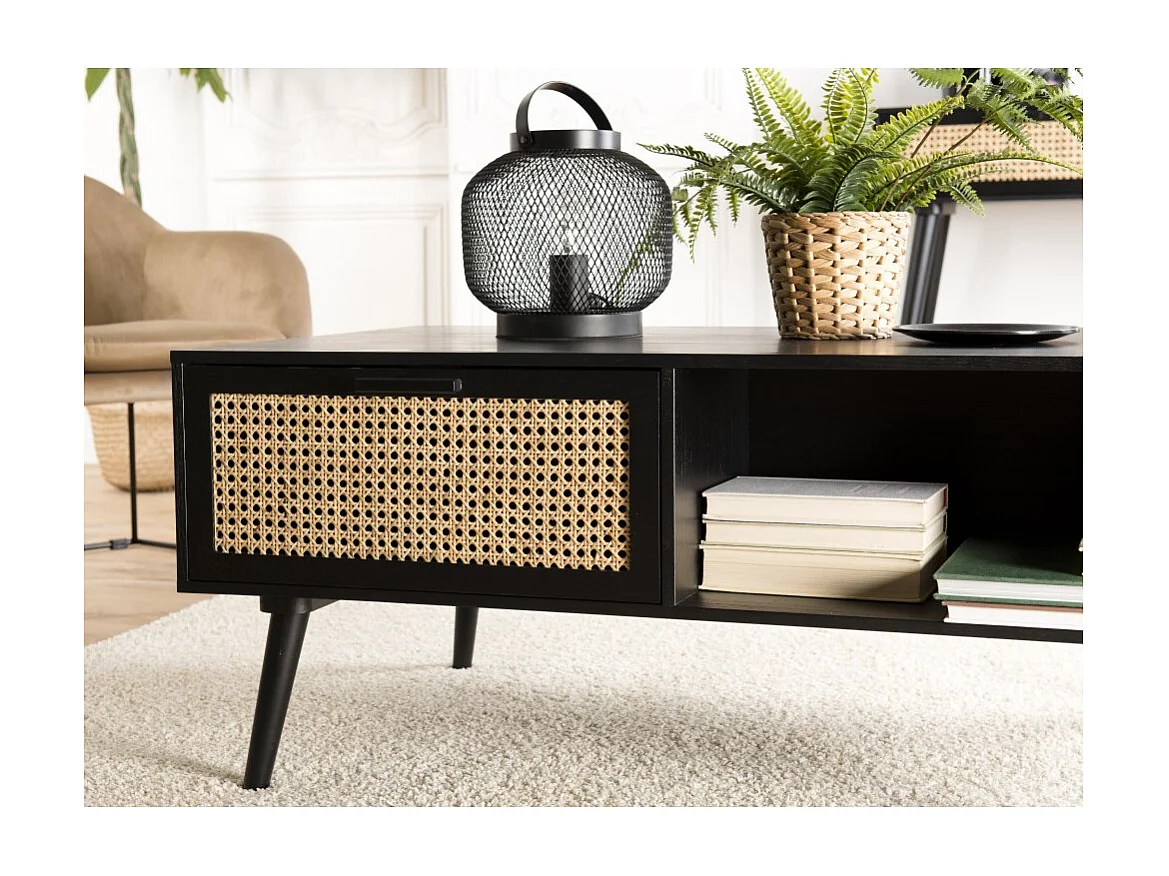 ANGELO - Table basse noire bois 2 tiroirs cannage 1 niche