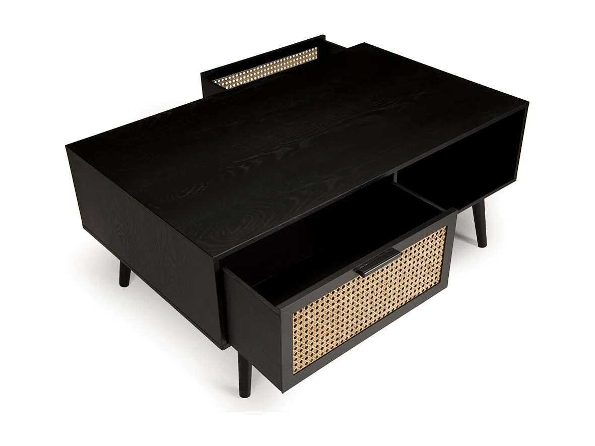 ANGELO - Table basse noire bois 2 tiroirs cannage 1 niche