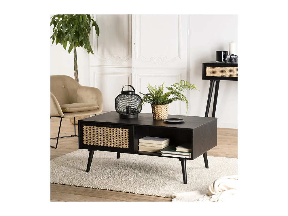 ANGELO - Table basse noire bois 2 tiroirs cannage 1 niche