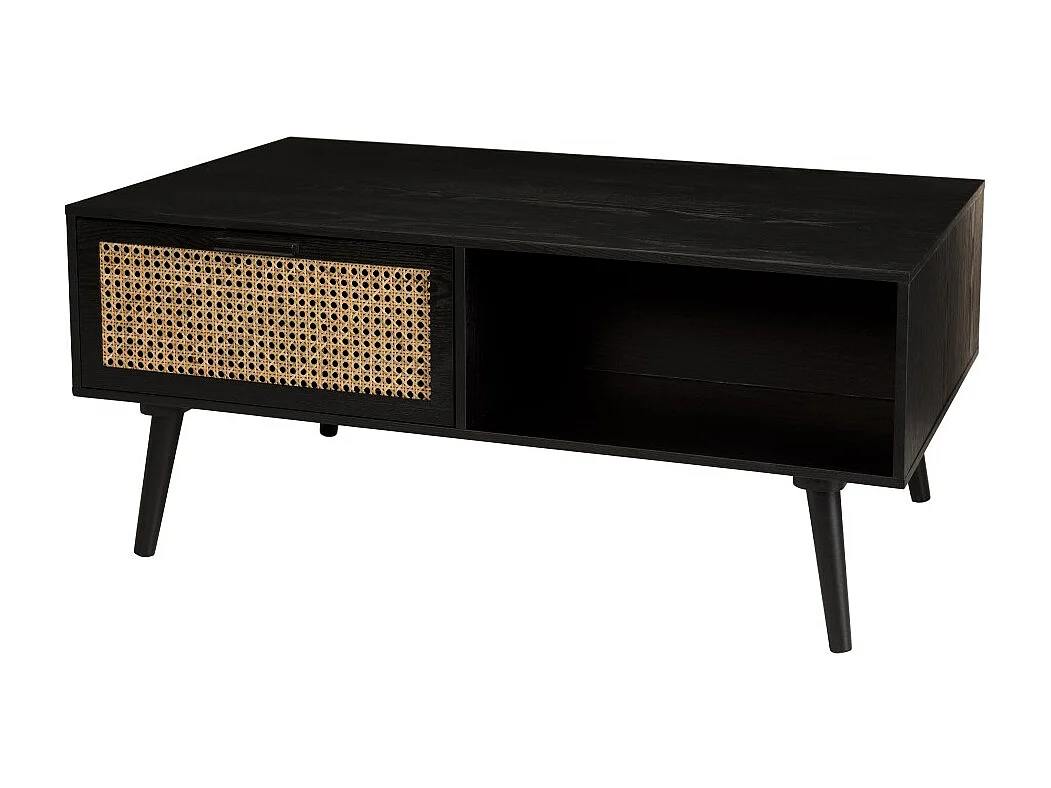 ANGELO - Table basse noire bois 2 tiroirs cannage 1 niche