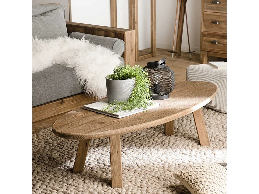 SANDY - Table basse ovale marron bois Pin recyclé