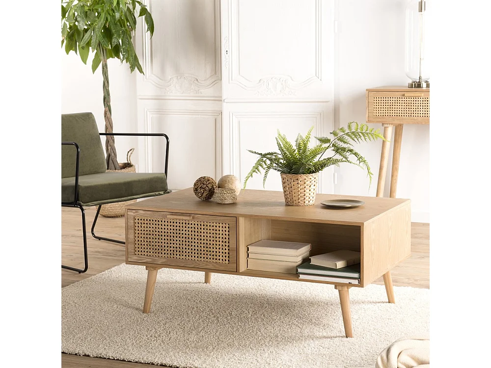 RODRIGO - Table basse couleur naturelle 2 tiroirs 1 niche bois cannage
