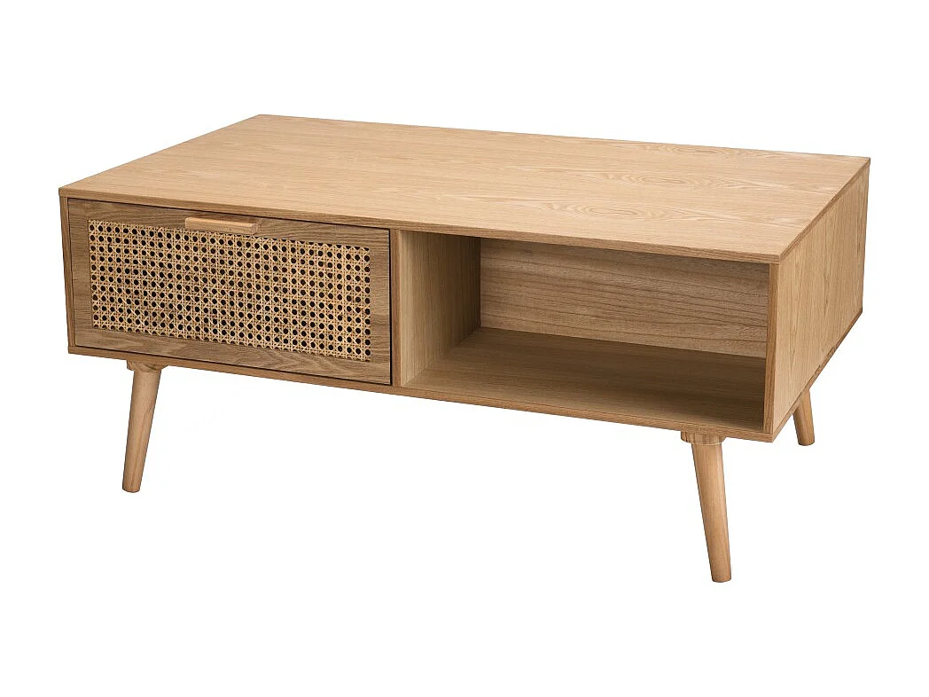 RODRIGO - Table basse couleur naturelle 2 tiroirs 1 niche bois cannage