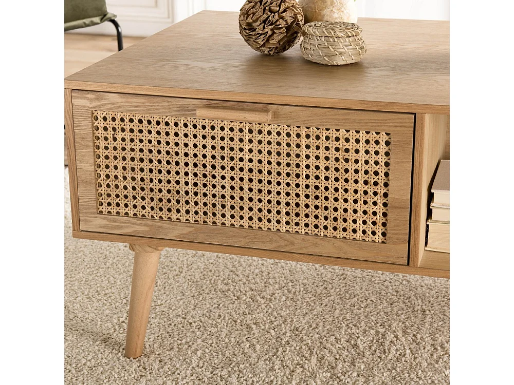 RODRIGO - Table basse couleur naturelle 2 tiroirs 1 niche bois cannage