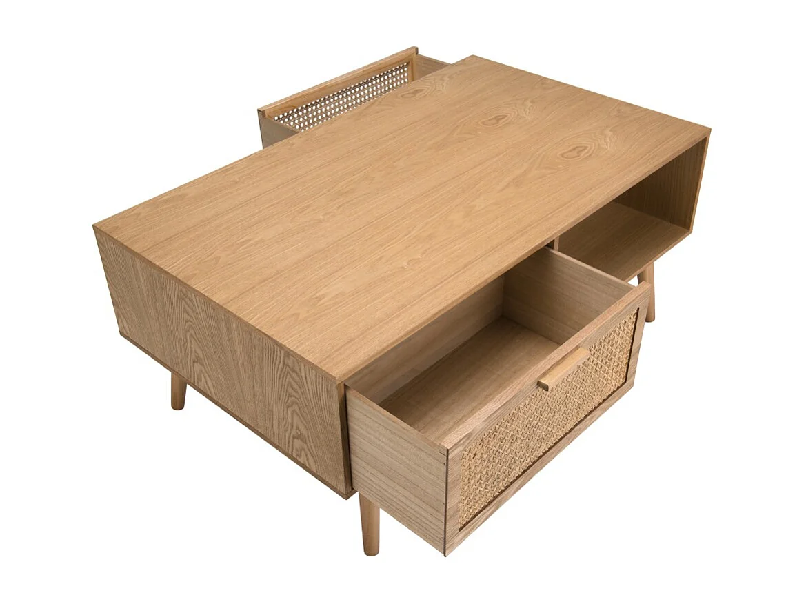 RODRIGO - Table basse couleur naturelle 2 tiroirs 1 niche bois cannage