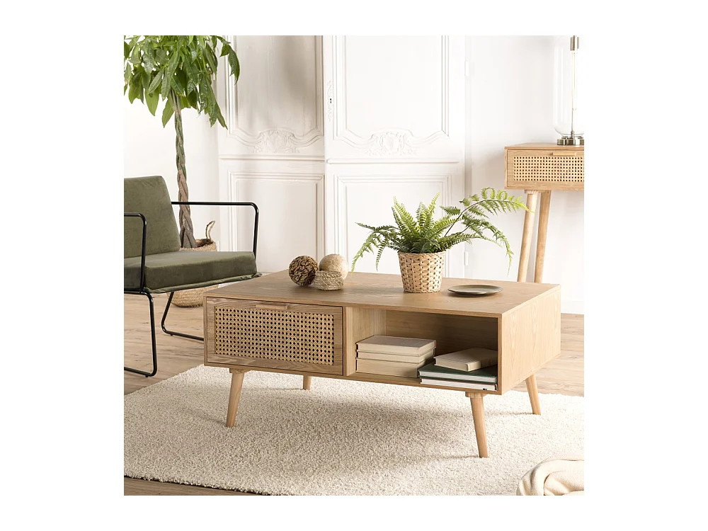 RODRIGO - Table basse couleur naturelle 2 tiroirs 1 niche bois cannage