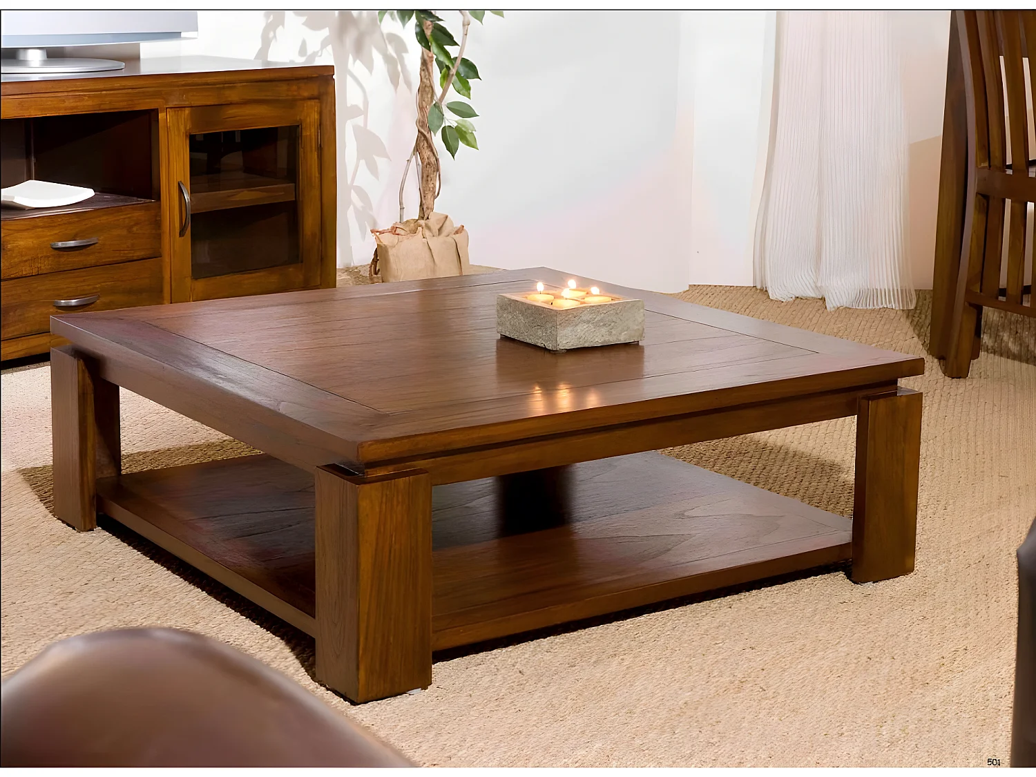 LAUREN - Table basse carrée marron sous plateau 90x90cm bois Mindi