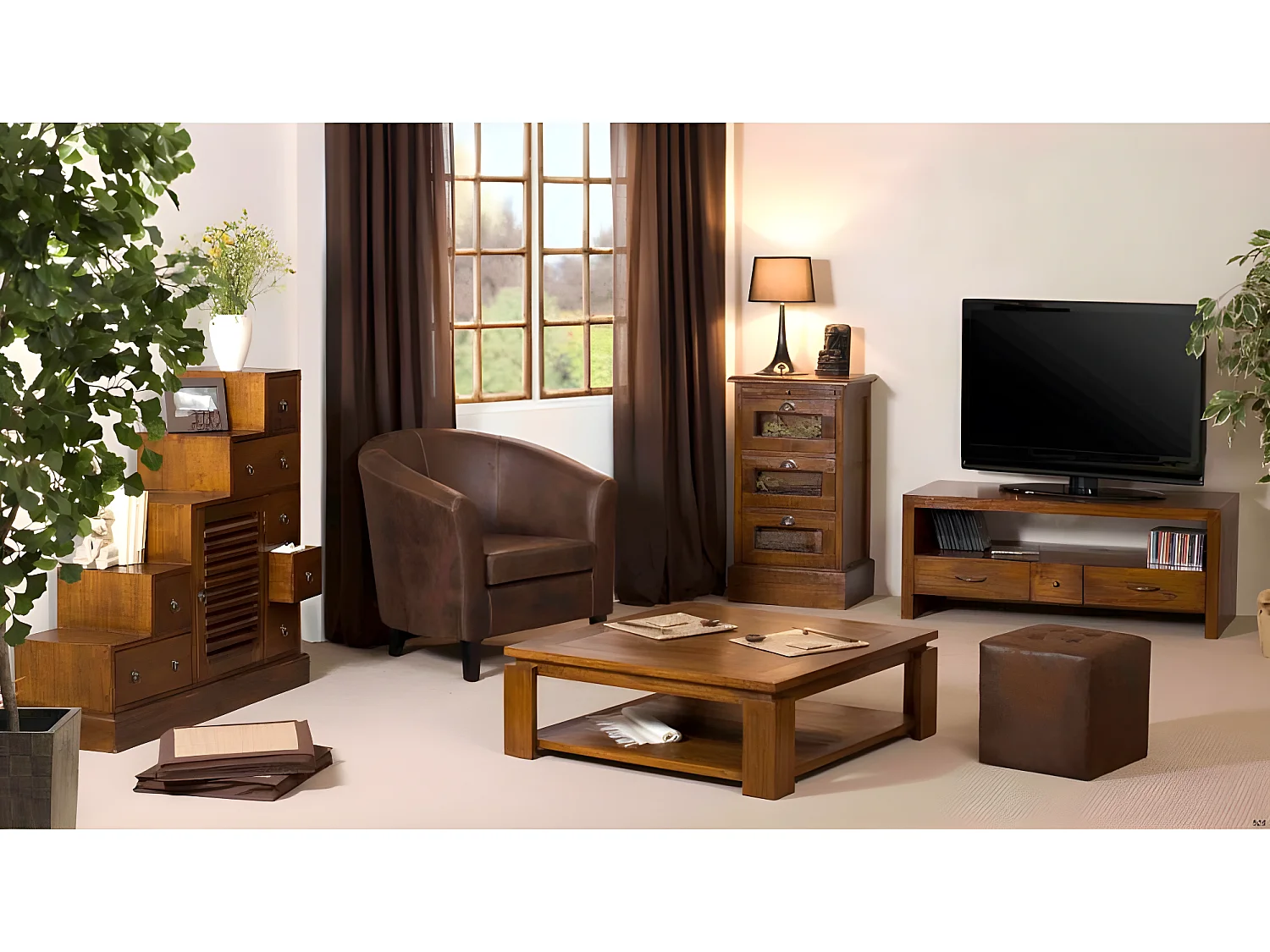 LAUREN - Table basse carrée marron sous plateau 90x90cm bois Mindi