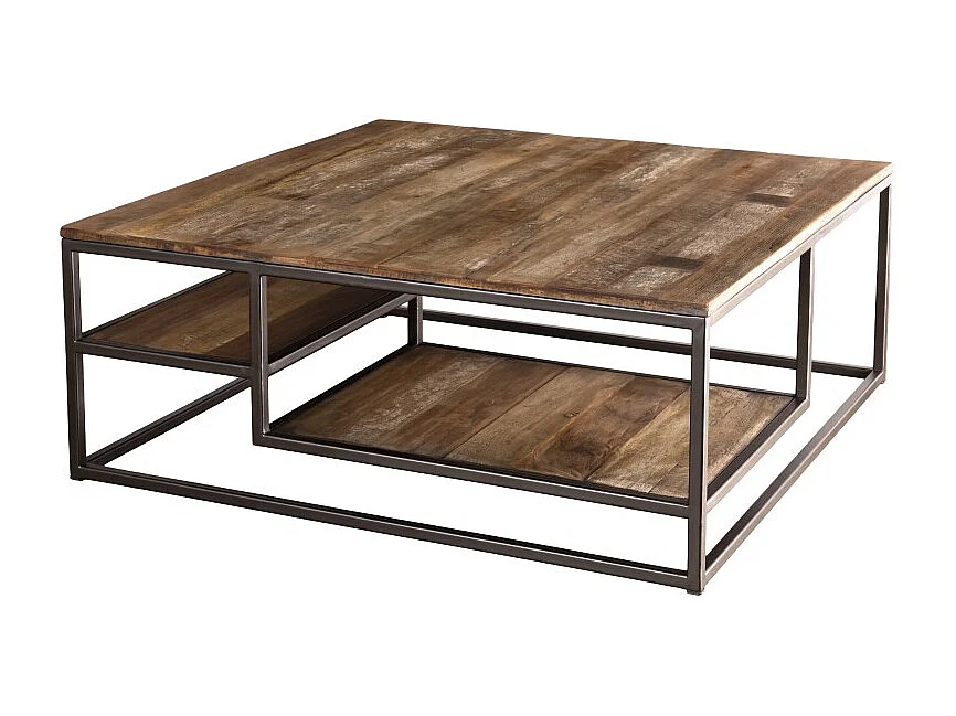 SIXTINE - Table basse carrée avec tablettes 100x100cm bois Teck recyclé