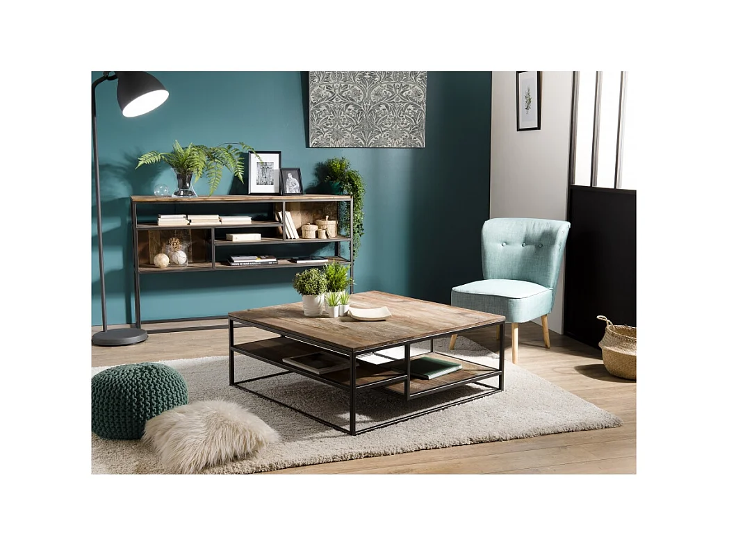 SIXTINE - Table basse carrée avec tablettes 100x100cm Teck recyclé Acacia Mahogany recyclé et métal noir