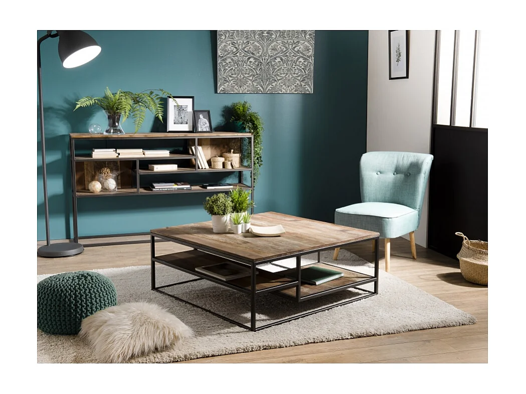 SIXTINE - Table basse carrée avec tablettes 100x100cm bois Teck recyclé