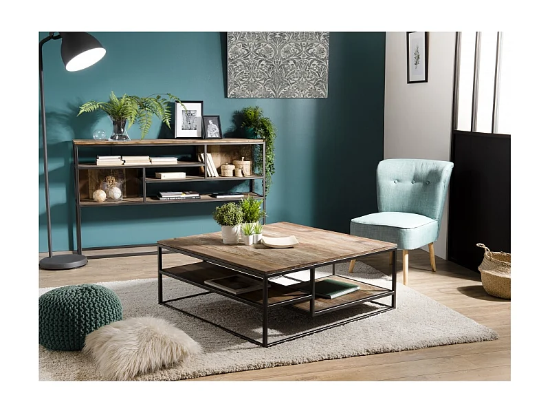 SIXTINE - Table basse carrée avec tablettes 100x100cm bois Teck recyclé