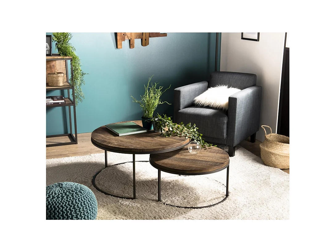 SIXTINE - Set de 2 tables basses gigognes rondes bois de Teck recyclé