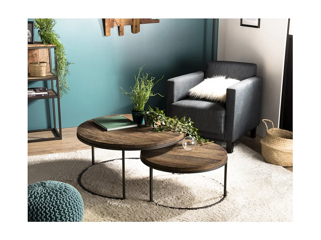 SIXTINE - Set de 2 tables basses gigognes rondes bois de Teck recyclé