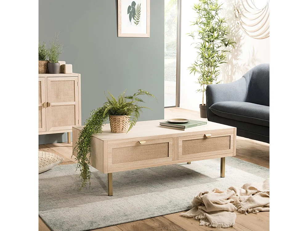 ALINE - Table basse bois 2 tiroirs toile de jute pieds métal doré