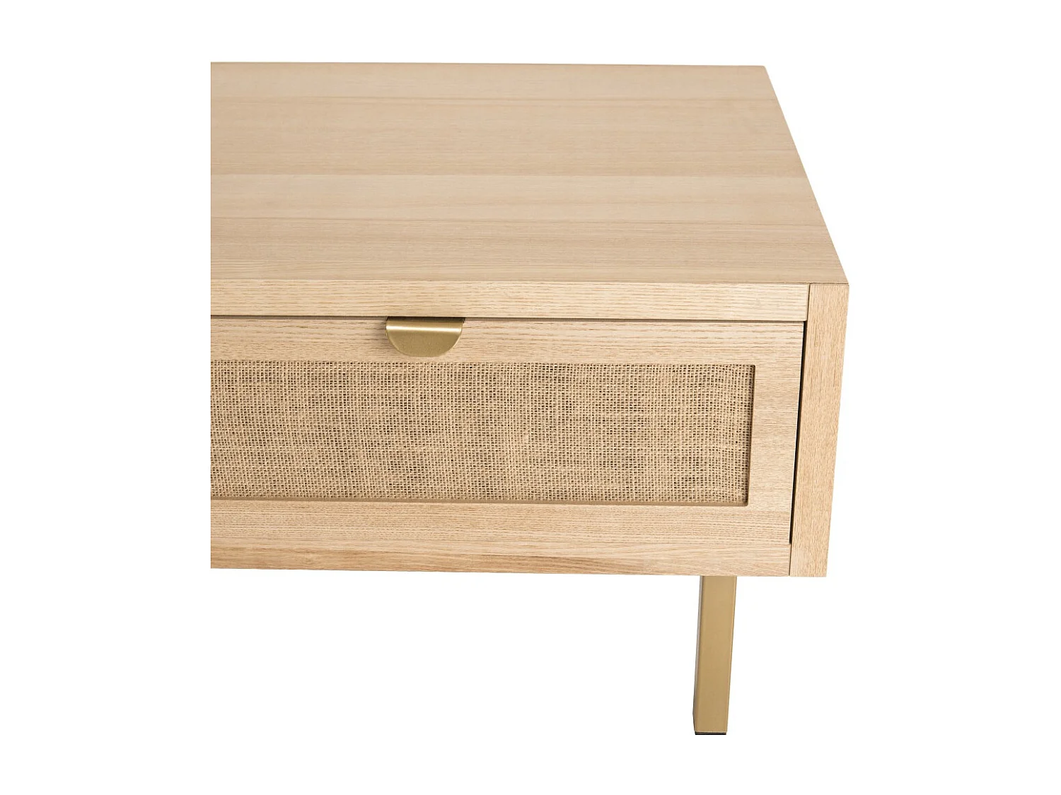 ALINE - Table basse bois 2 tiroirs toile de jute pieds métal doré