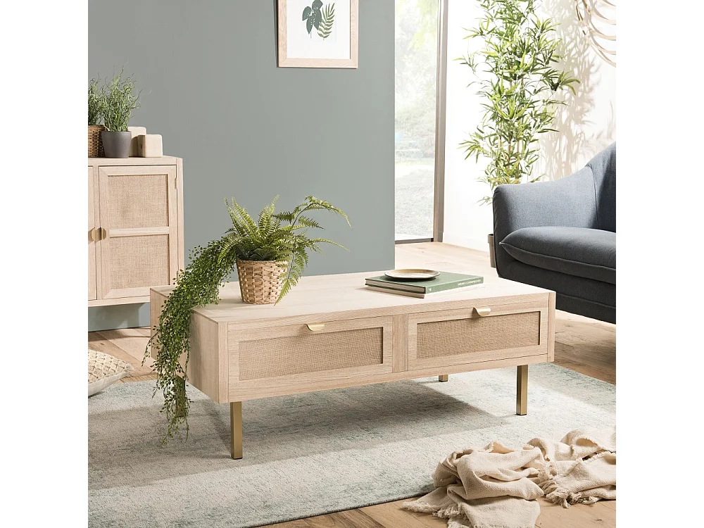 ALINE - Table basse bois 2 tiroirs toile de jute pieds métal doré