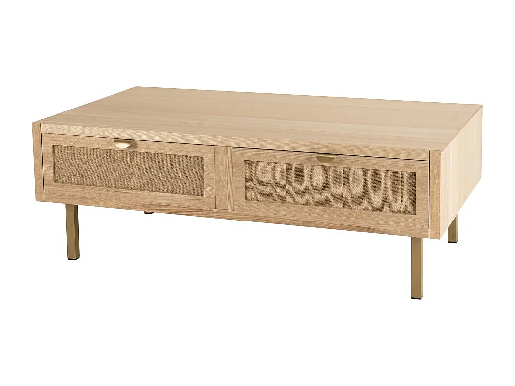 ALINE - Table basse bois 2 tiroirs toile de jute pieds métal doré