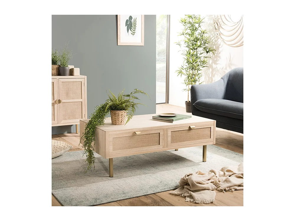 ALINE- Table basse 2 tiroirs toile de jute pieds métal doré