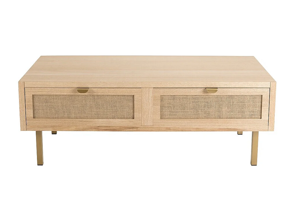 ALINE - Table basse bois 2 tiroirs toile de jute pieds métal doré