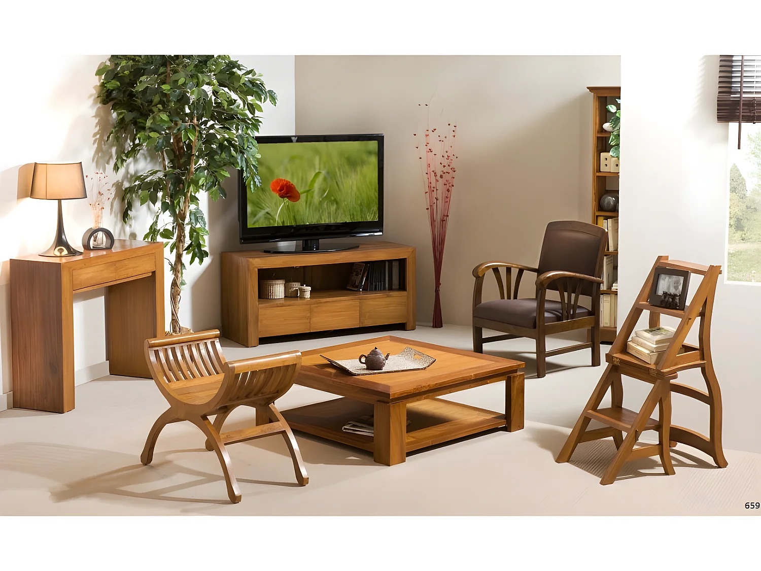 API - Table basse carrée marron sous plateau 90x90cm bois Teck