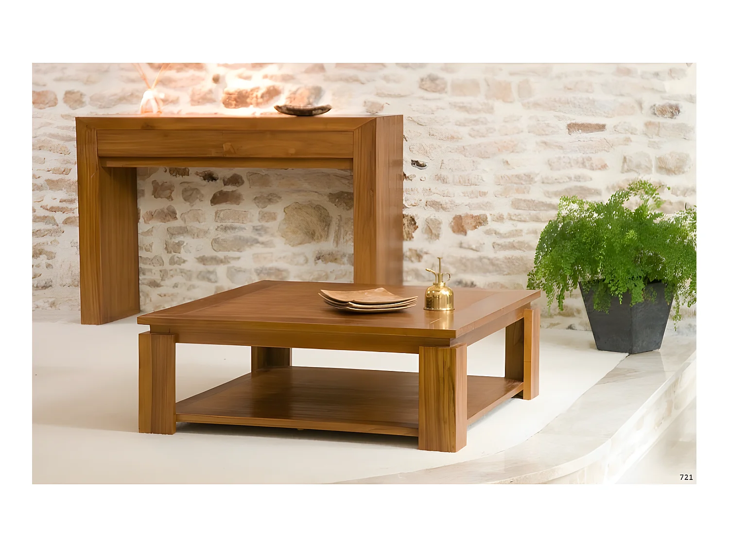 API - Table basse carrée marron sous plateau 90x90cm bois Teck
