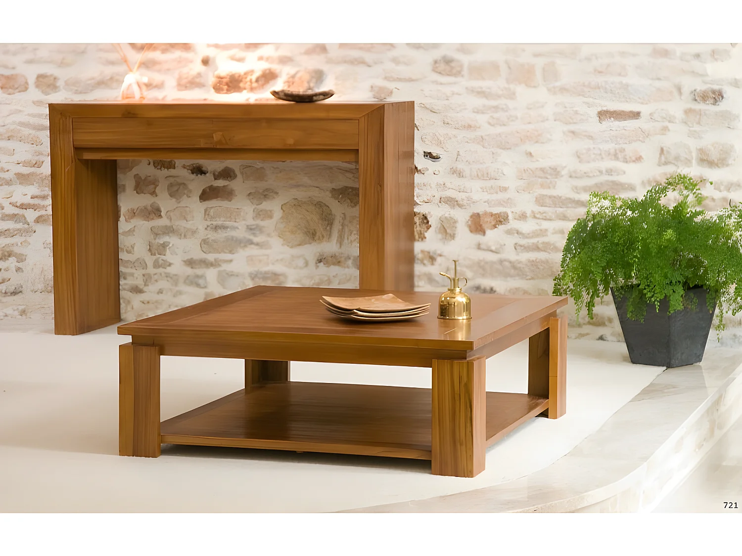 API - Table basse carrée marron sous plateau 90x90cm bois Teck