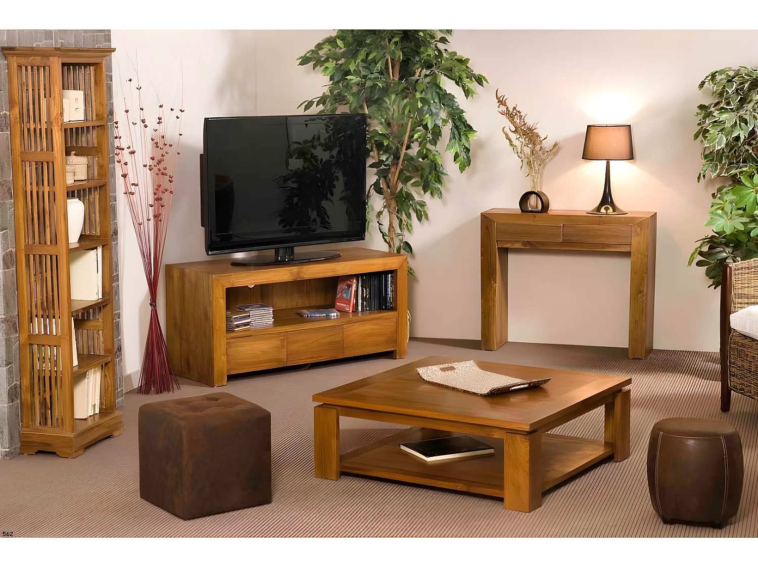 API - Table basse carrée marron sous plateau 90x90cm bois Teck