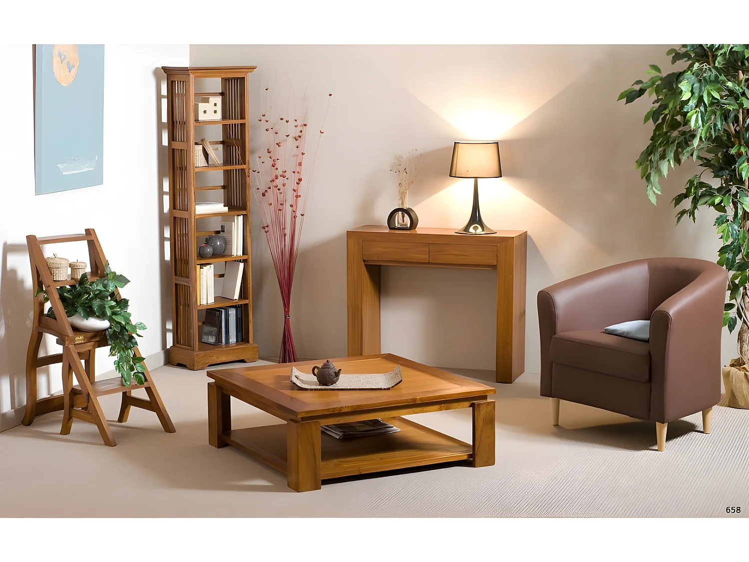 API - Table basse carrée marron sous plateau 90x90cm bois Teck