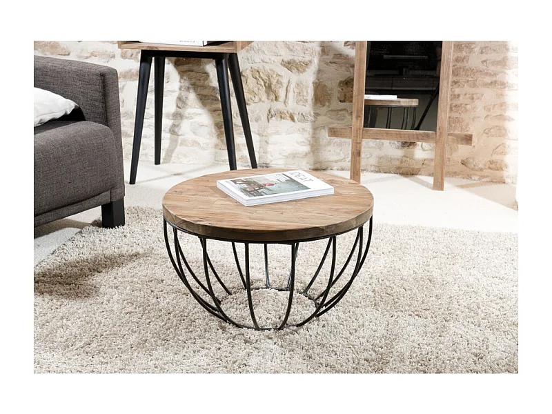 SIXTINE - Table basse plateau 60x60cm bois teck recyclé métal noir