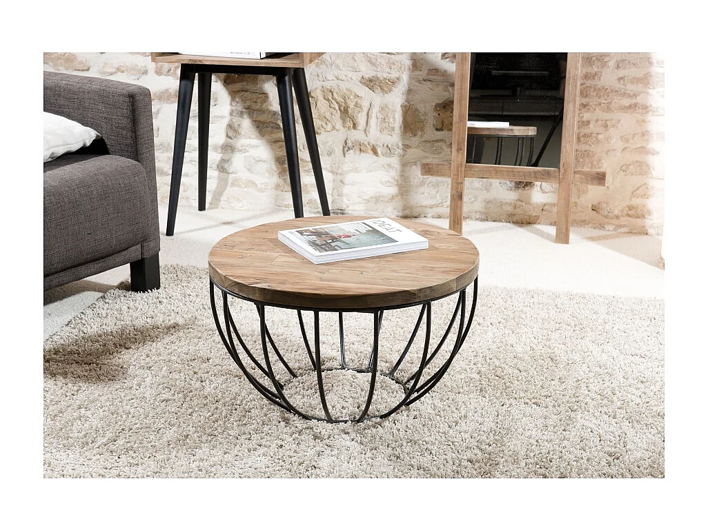 SIXTINE - Table basse plateau 60x60cm bois teck recyclé métal noir
