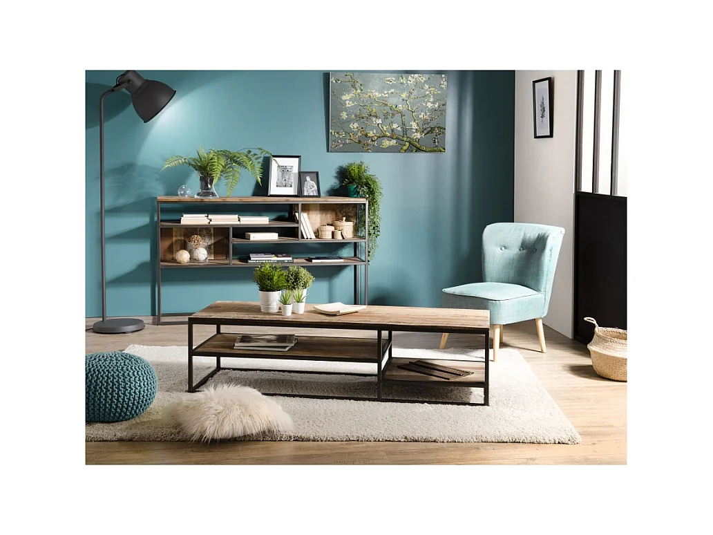 SIXTINE - Table basse rectangulaire marron avec tablettes Teck recyclé Acacia Mahogany recyclé et métal noir