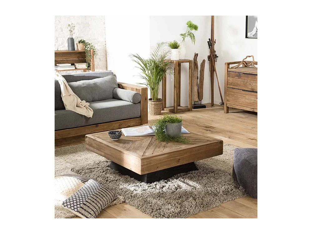 SANDY - Table basse carrée marron 99.5x99.5cm bois Pin recyclé piètement noir
