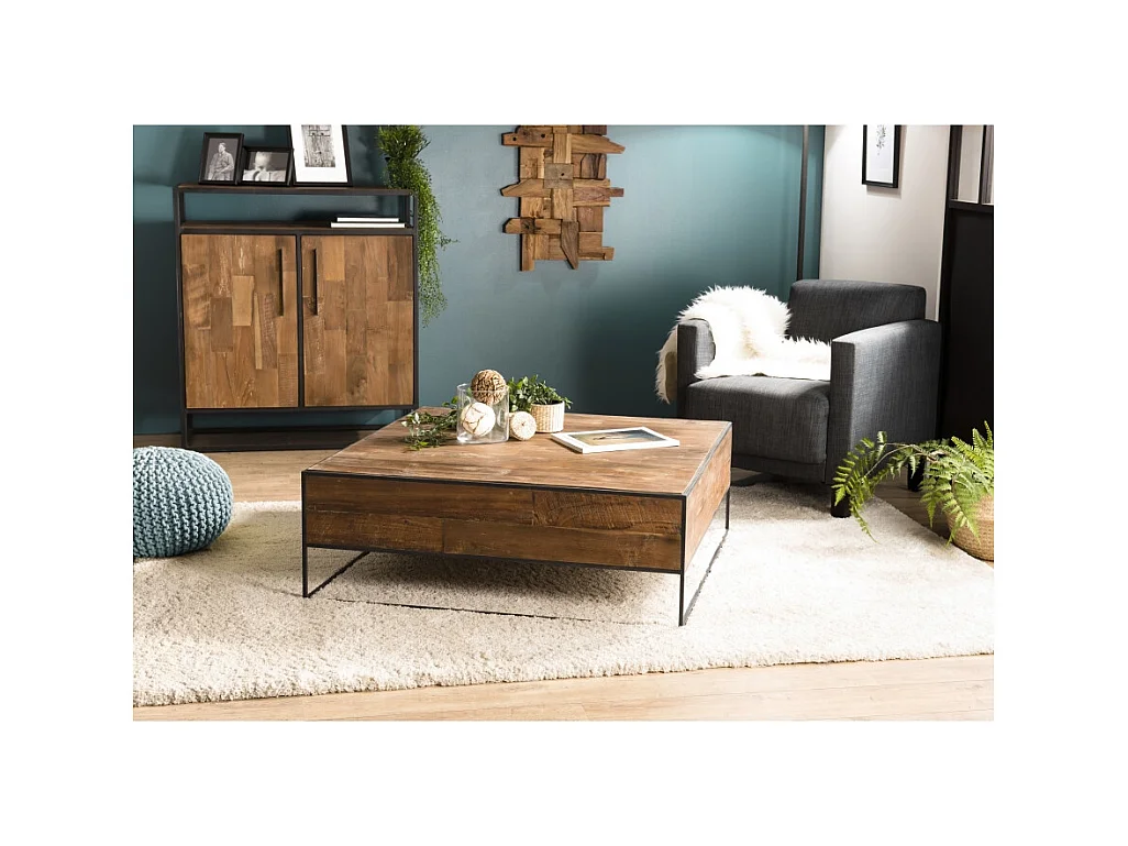 SIXTINE - Table basse bois carrée 100x100cm Teck recyclé et métal