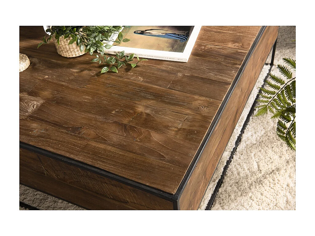 SIXTINE - Table basse bois carrée 100x100cm Teck recyclé et métal