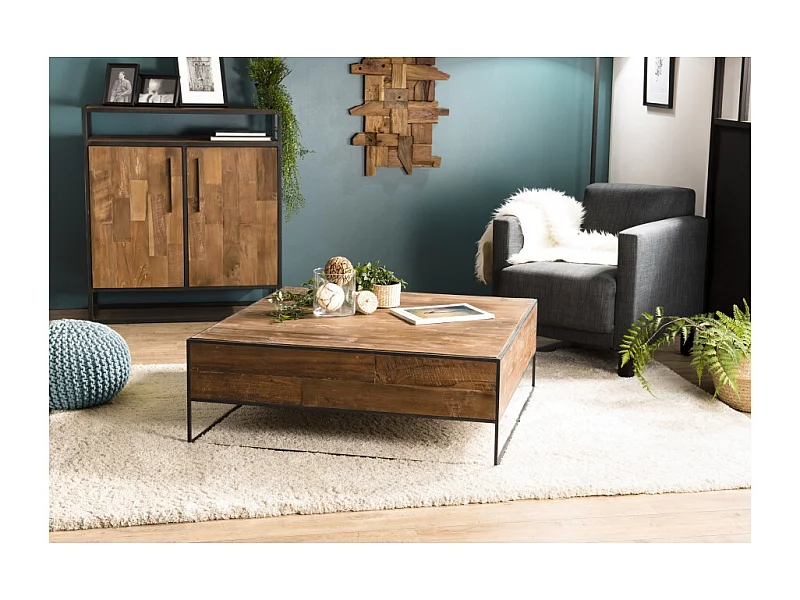 SIXTINE - Table basse bois carrée 100x100cm Teck recyclé et métal