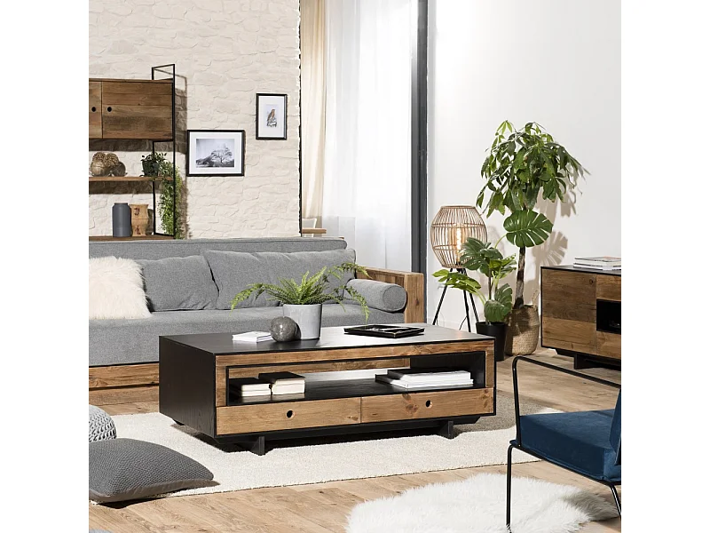 DANDY - Table basse 4 tiroirs 1 niche bois Pin recyclé naturel et noir