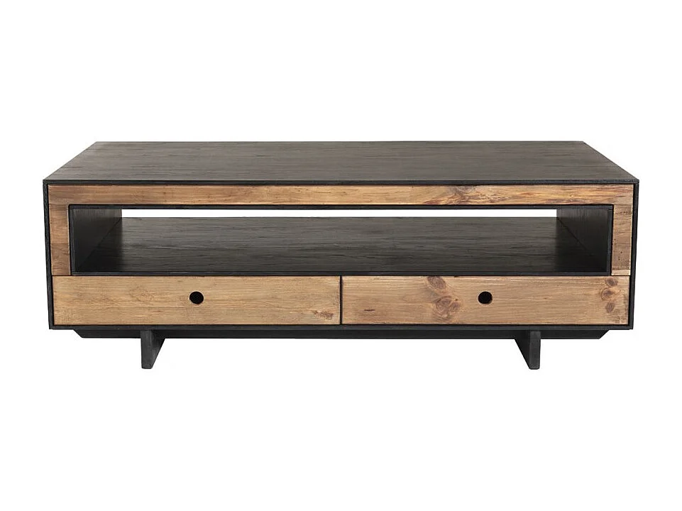 DANDY - Table basse 4 tiroirs 1 niche bois Pin recyclé naturel et noir