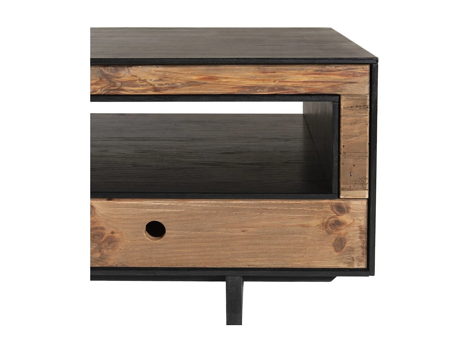 DANDY - Table basse 4 tiroirs 1 niche bois Pin recyclé naturel et noir