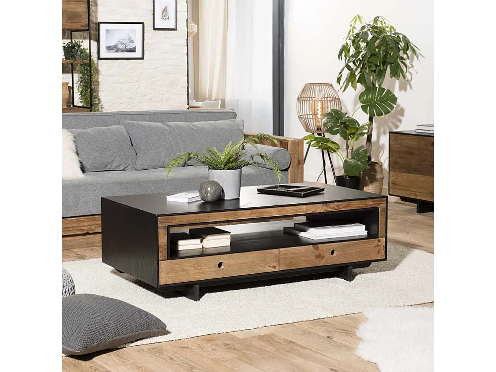 DANDY - Table basse 4 tiroirs 1 niche bois Pin recyclé naturel et noir