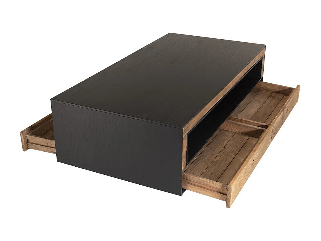 DANDY - Table basse 4 tiroirs 1 niche bois Pin recyclé naturel et noir