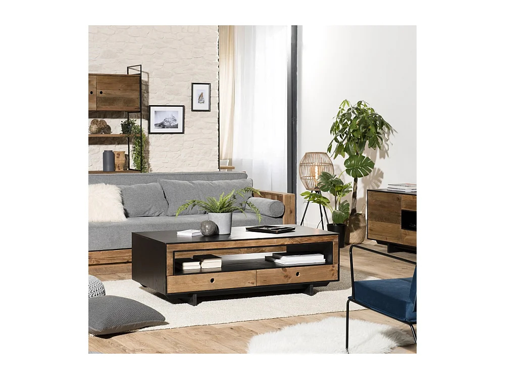 DANDY - Table basse 4 tiroirs 1 niche bois Pin recyclé naturel et noir