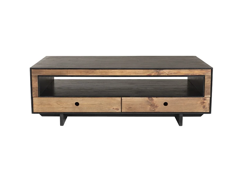 DANDY - Table basse 4 tiroirs 1 niche bois Pin recyclé naturel et noir