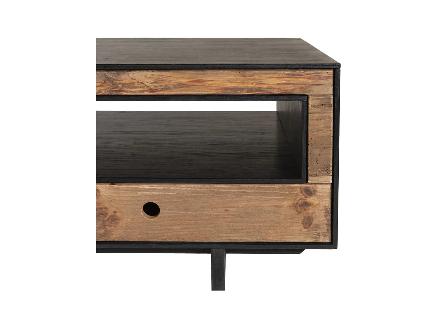 DANDY - Table basse 4 tiroirs 1 niche bois Pin recyclé naturel et noir