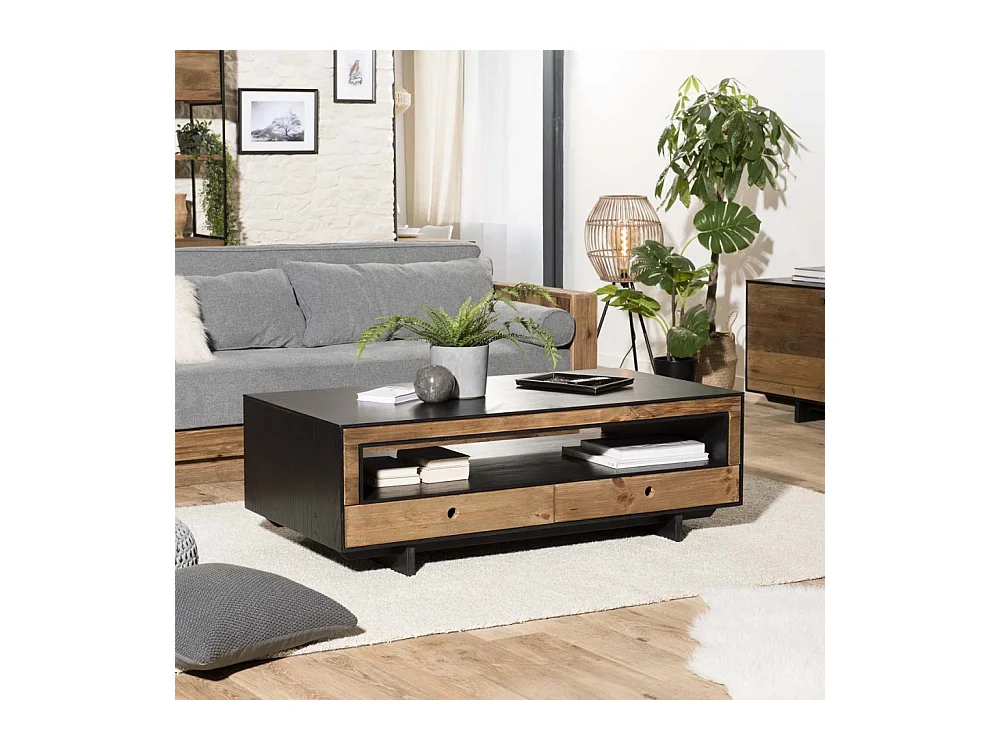 DANDY - Table basse 4 tiroirs 1 niche bois Pin recyclé naturel et noir