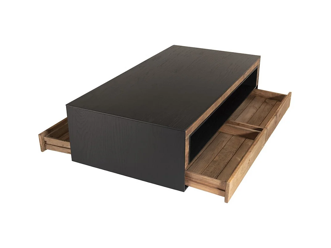 DANDY - Table basse 4 tiroirs 1 niche bois Pin recyclé naturel et noir