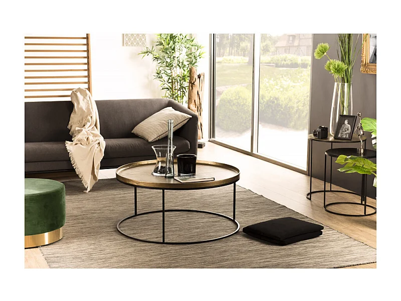 JOHAN - Table basse ronde 88x88cm alu. doré pieds ronds métal noir