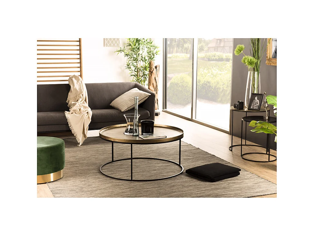 JOHAN - Table basse ronde 88x88cm aluminium doré pieds ronds métal noir