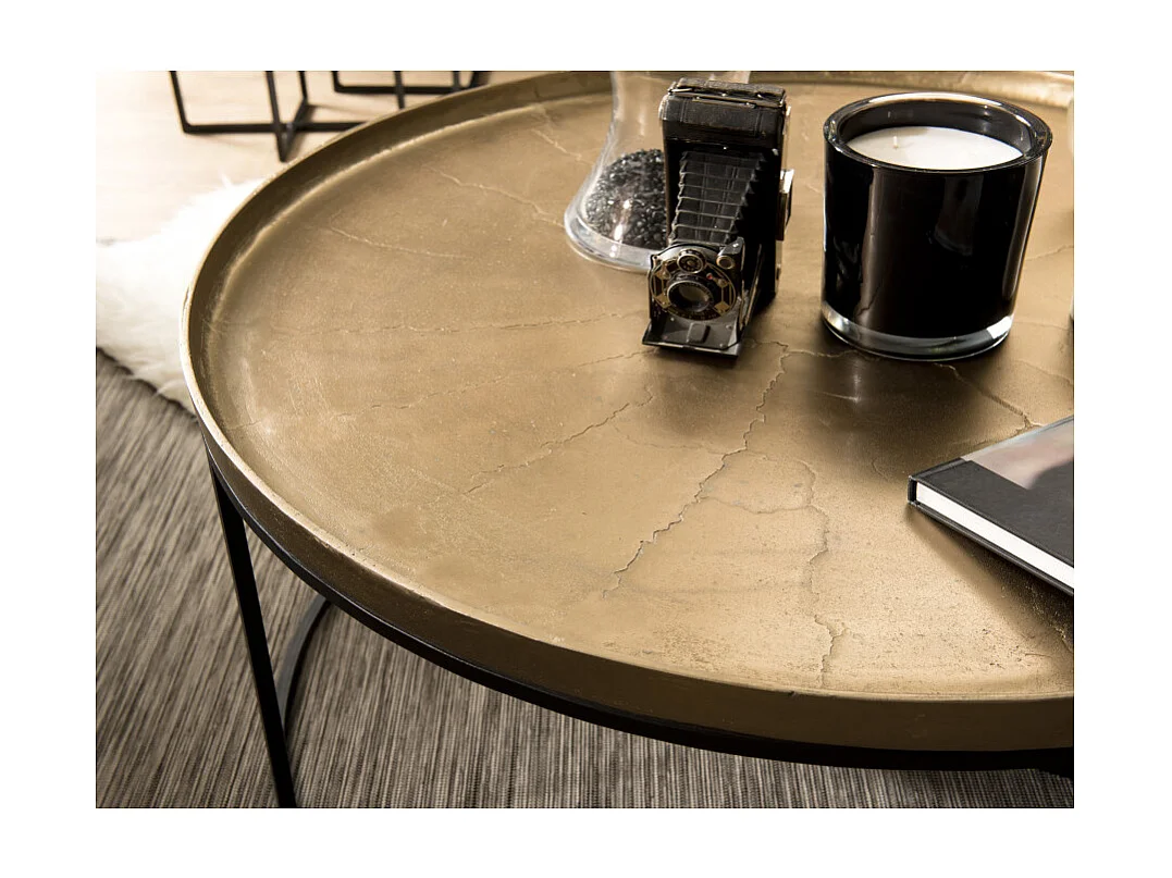 JOHAN - Table basse ronde 88x88cm alu. doré pieds ronds métal noir