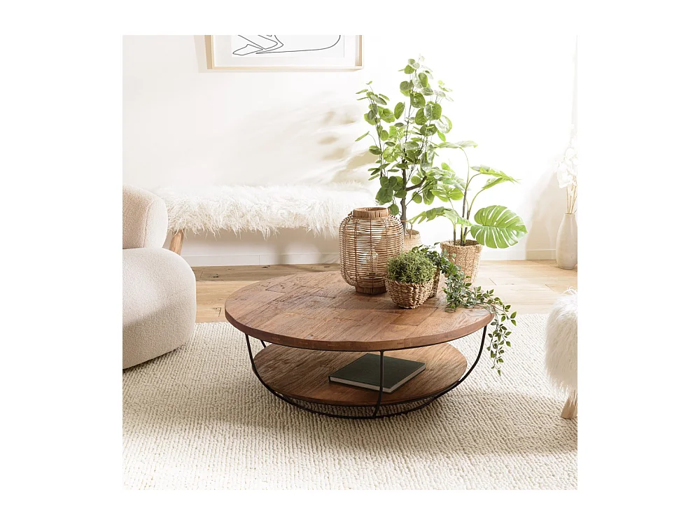 SIXTINE - Table basse coque ronde 100x100cm double plateau teck recyclé métal noir